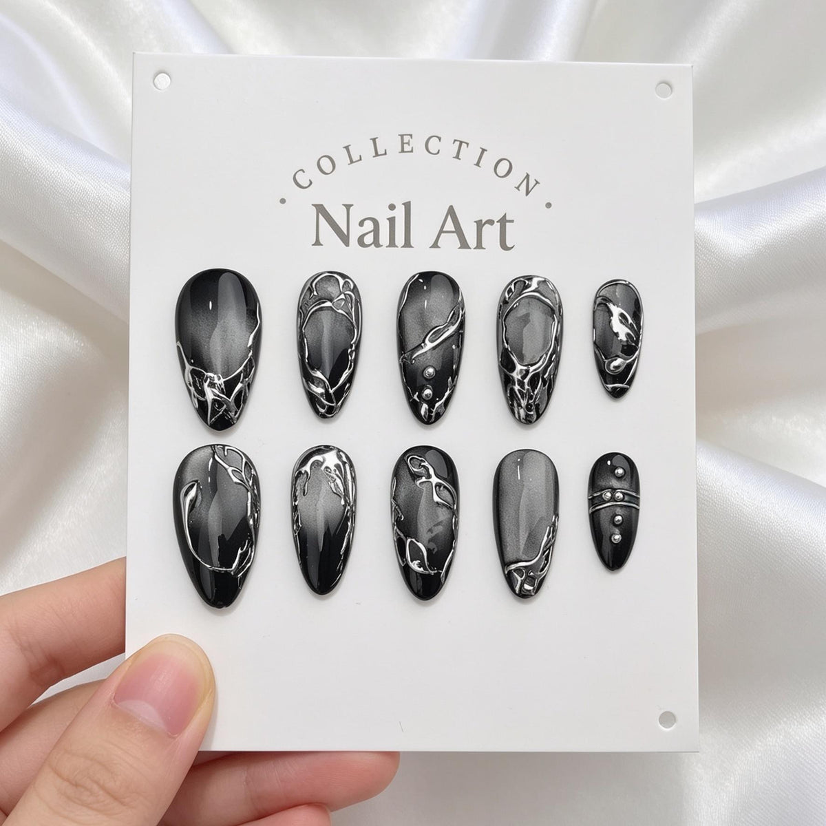 Black and Silver Liquid Metal Swirl Press On Nails
