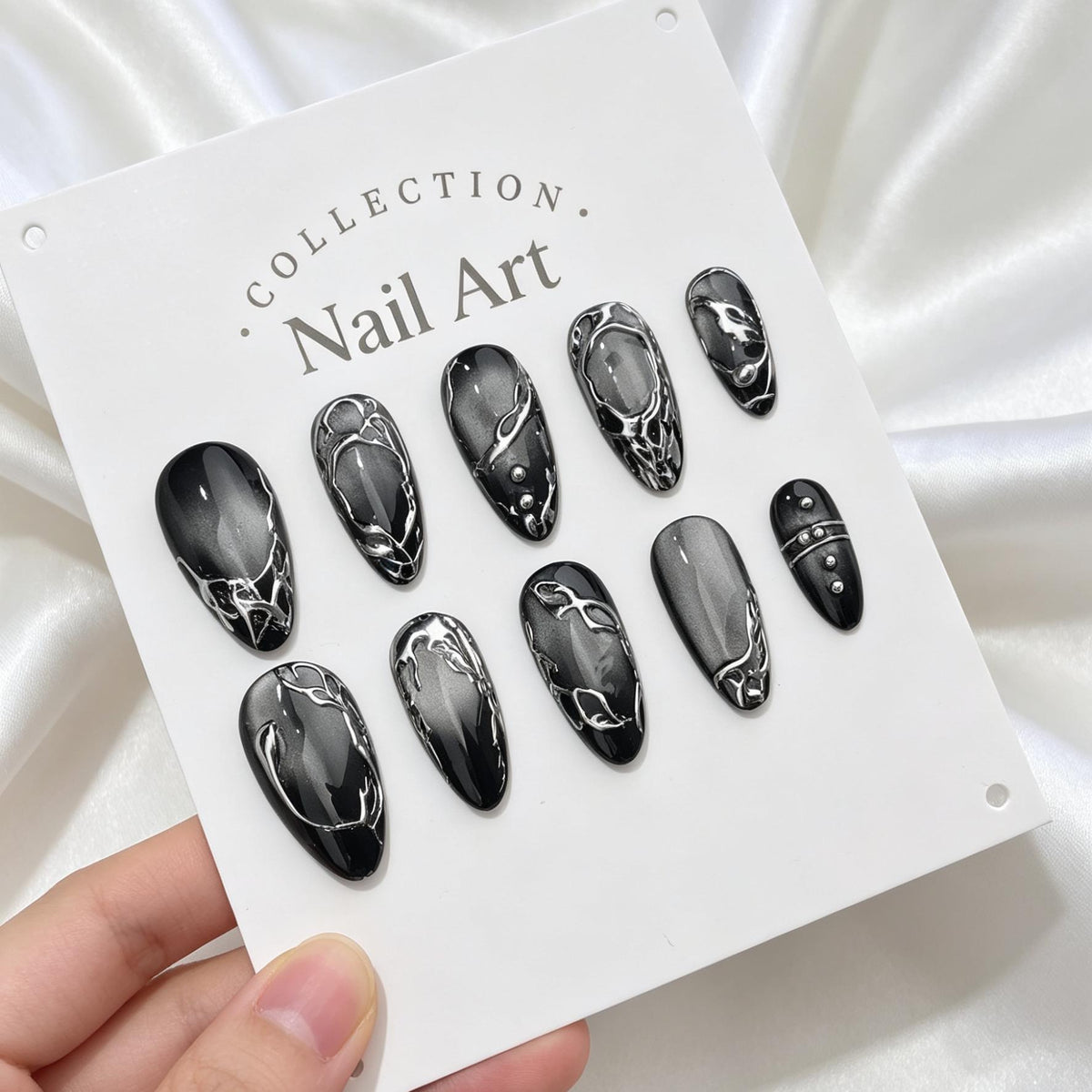 Black and Silver Liquid Metal Swirl Press On Nails