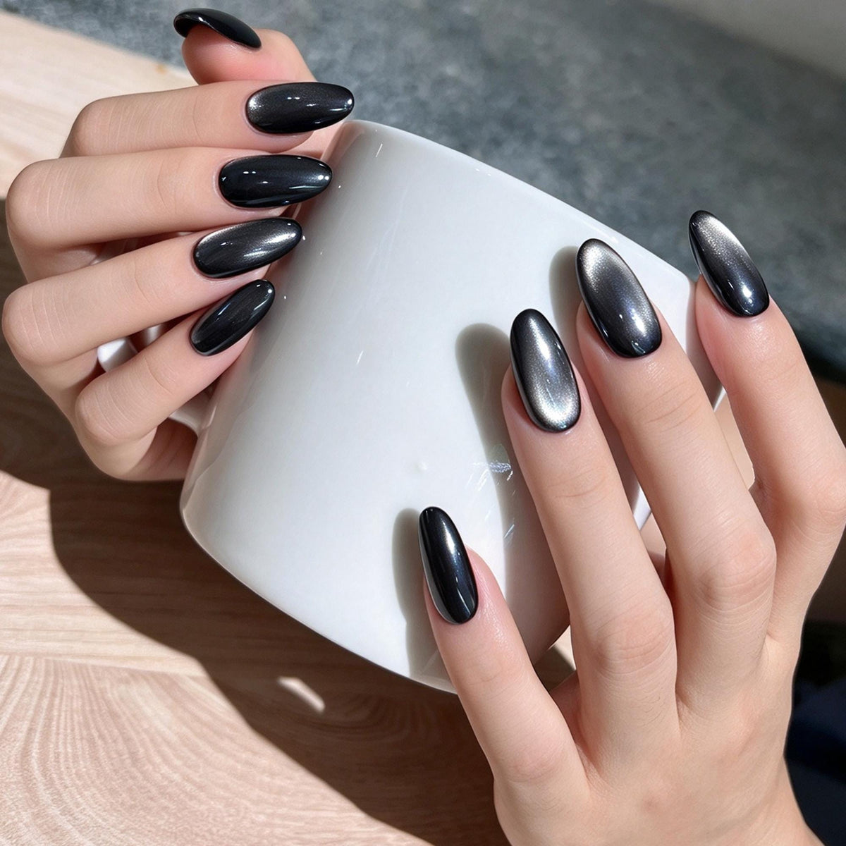 Black and Silver Magnetic Cat-Eye Nail Set