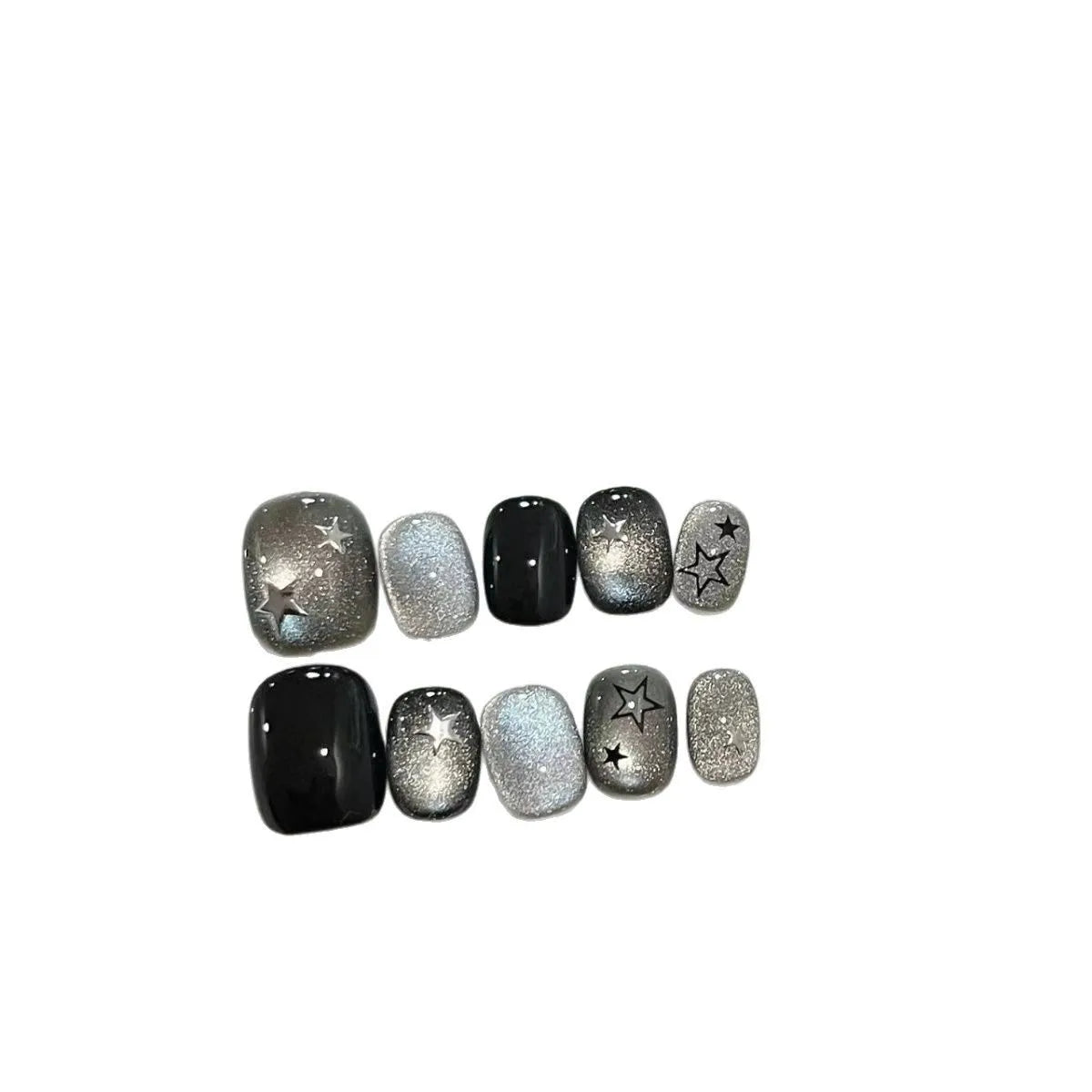 Black and Silver Starry Cat-Eye Glitter Press-On Nails