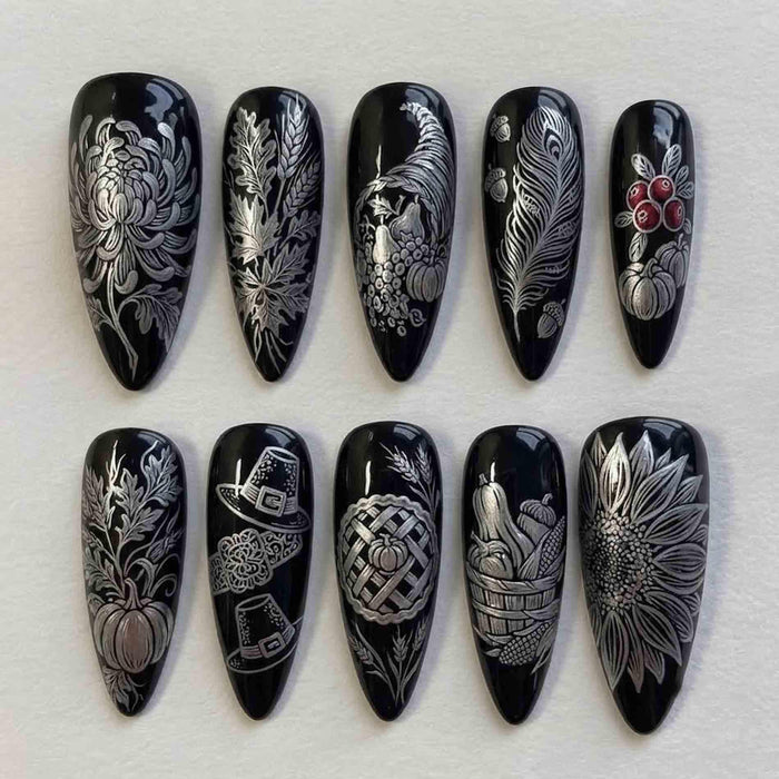 Black and Silver Thanksgiving Harvest Press On Nail Set