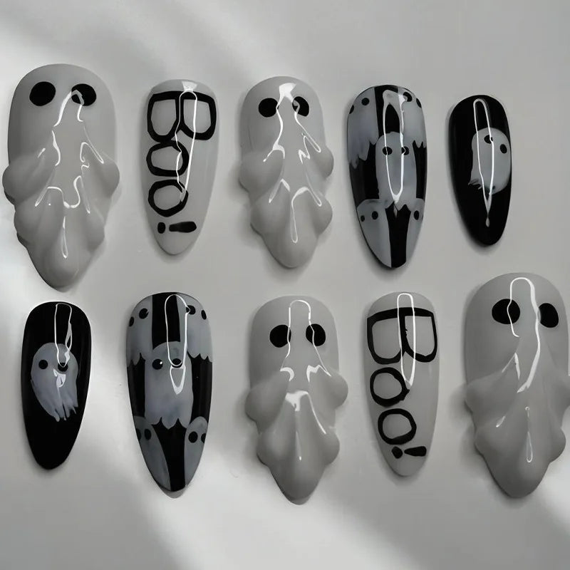 Black and Smoky Gray Ghost Halloween Press On Nails