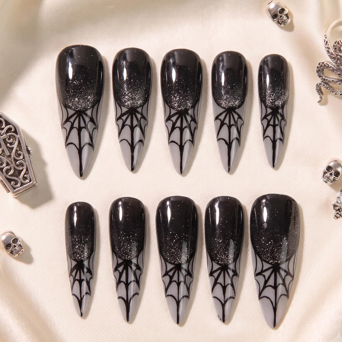Black and Smoky Grey Spiderweb Glitter Halloween Press-On Nail Set