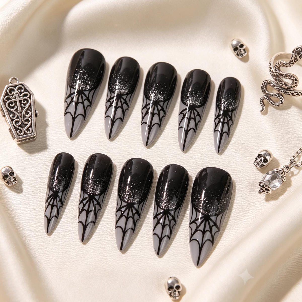 Black and Smoky Grey Spiderweb Glitter Halloween Press-On Nail Set