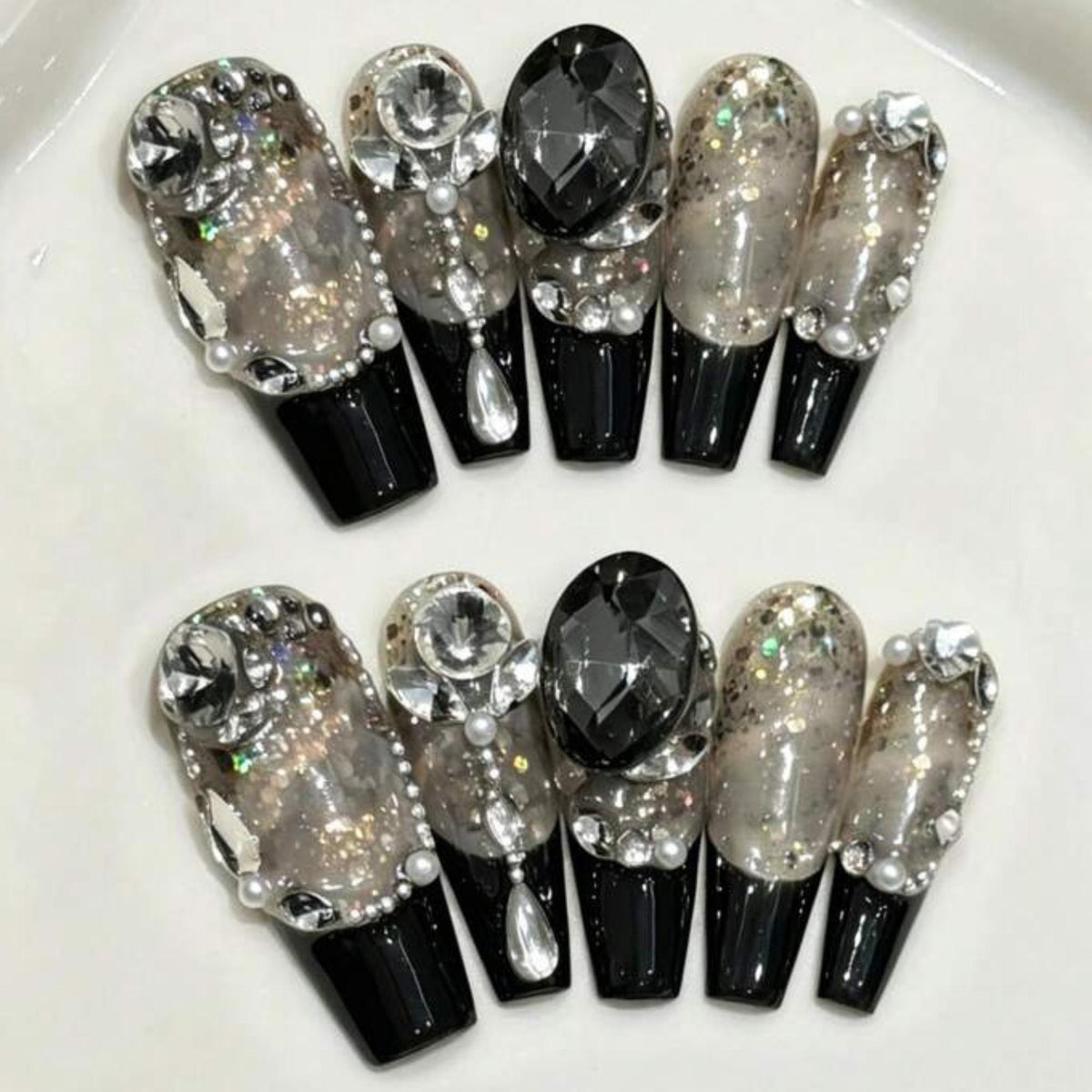 Black and Smoky Silver Glitter Nails with Rhinestones and Pearl-Like Beads