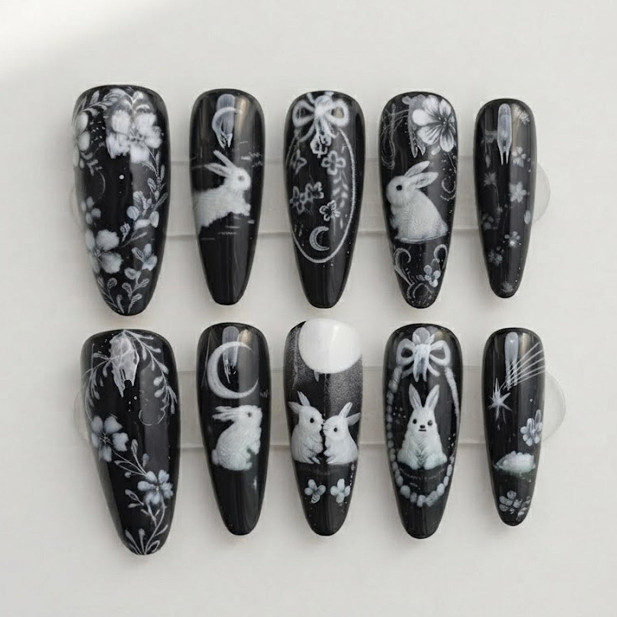 Black and White Bunny Moon Floral Gothic Nail Set