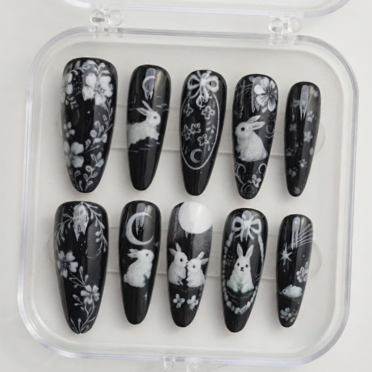 Black and White Bunny Moon Floral Gothic Nail Set