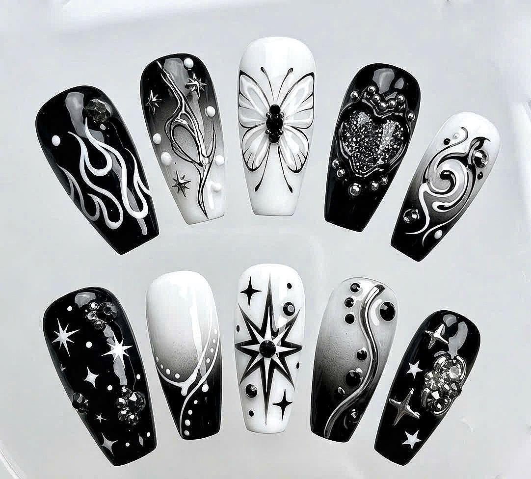 Black and White Celestial Swirl Nail Set with Silver Details and Rhinestones