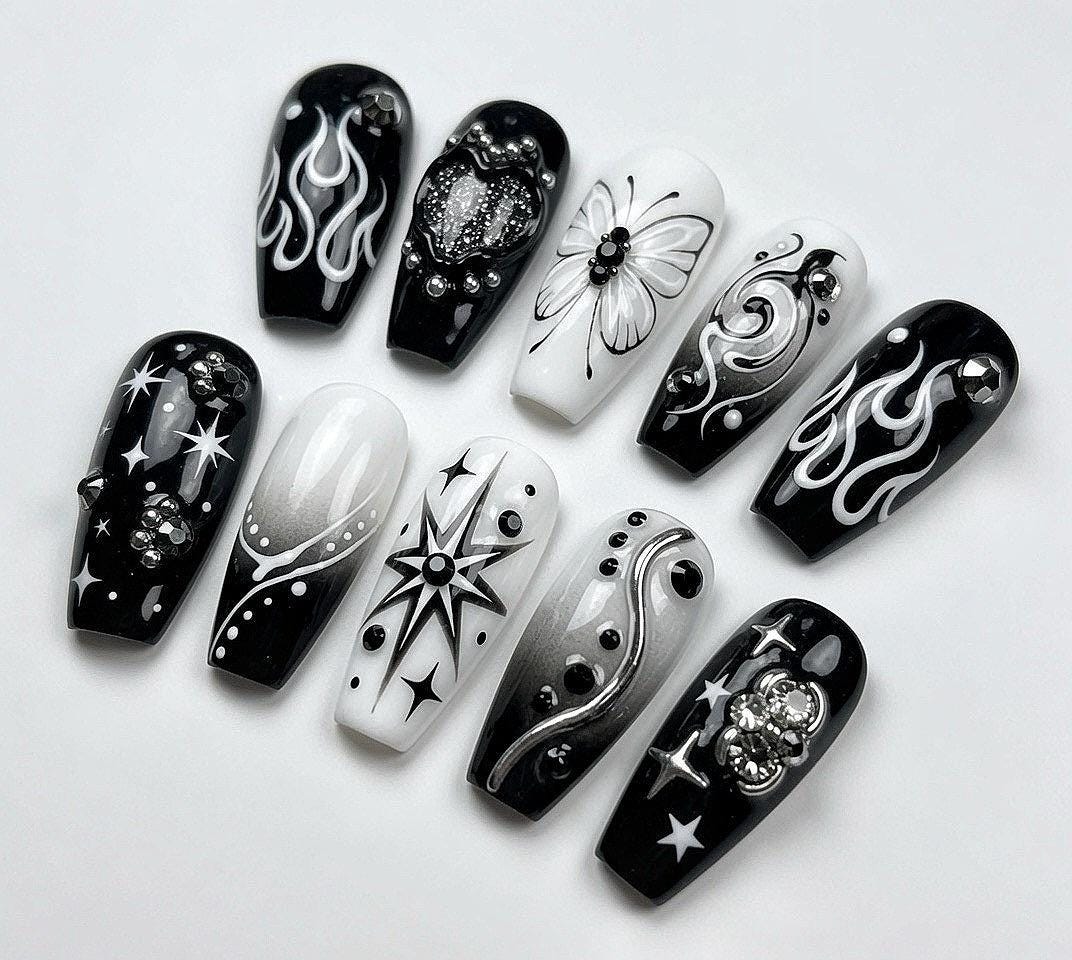 Black and White Celestial Swirl Nail Set with Silver Details and Rhinestones