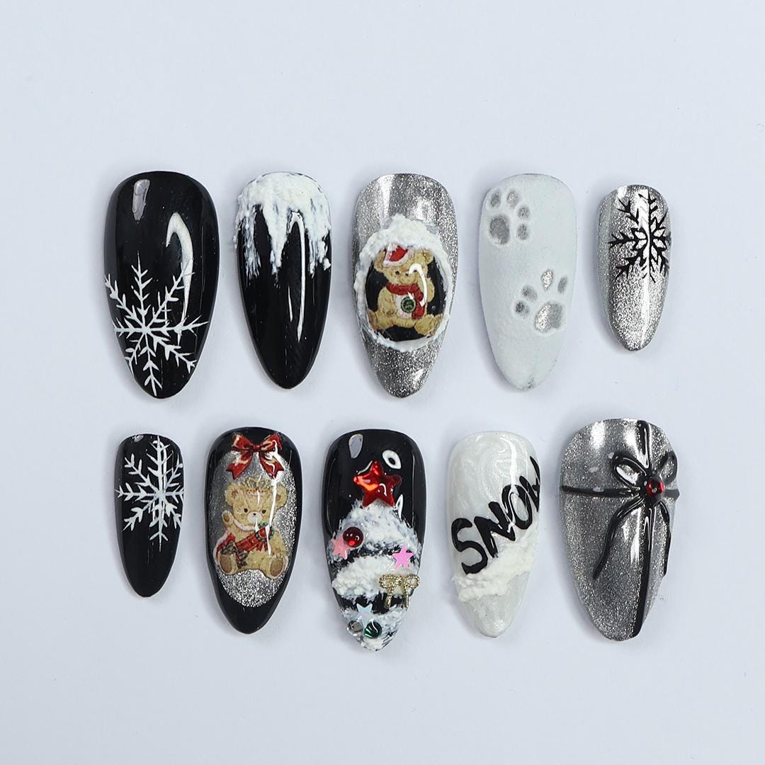 Black and White Christmas Nails with Snowflakes, Silver Glitter and Festive Figures