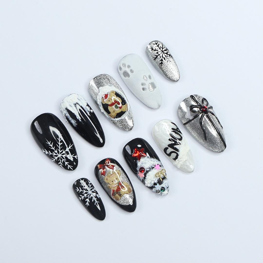Black and White Christmas Nails with Snowflakes, Silver Glitter and Festive Figures