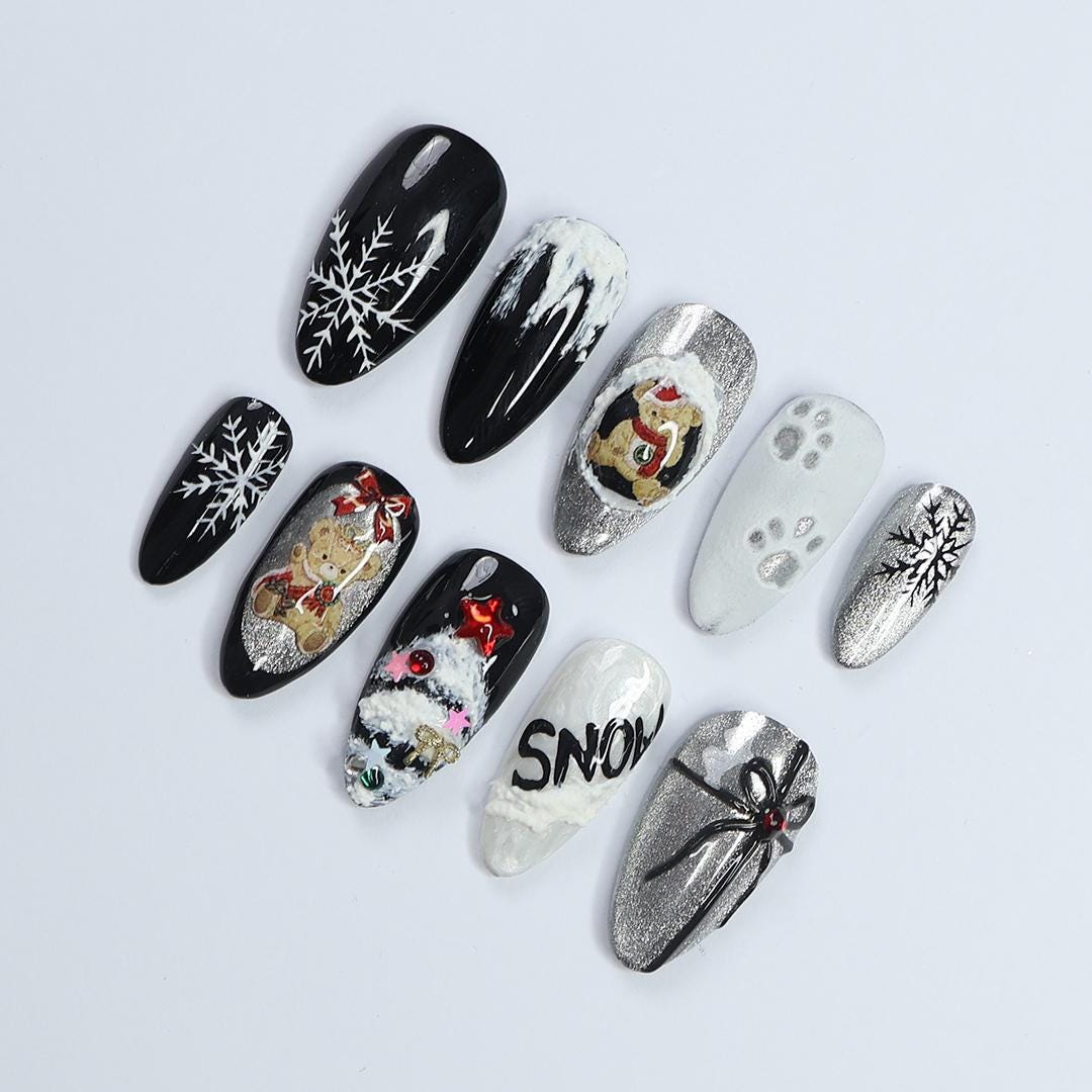 Black and White Christmas Nails with Snowflakes, Silver Glitter and Festive Figures