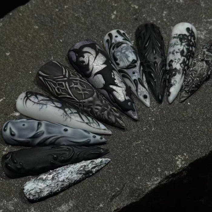 Black and White Gothic 3D Press On Nails With Smoky Marble and Sculpted Swirls