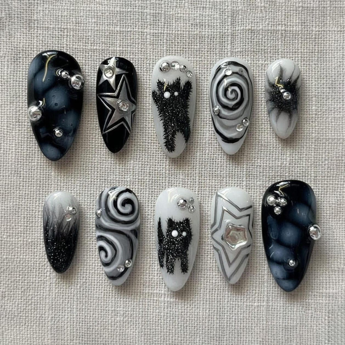 Black and White Gothic Cat, Star, Swirl, and Rhinestone Nail Set