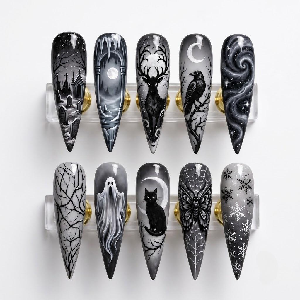 Black and White Gothic Halloween Nail Set With Cemetery, Raven and Ghost Art