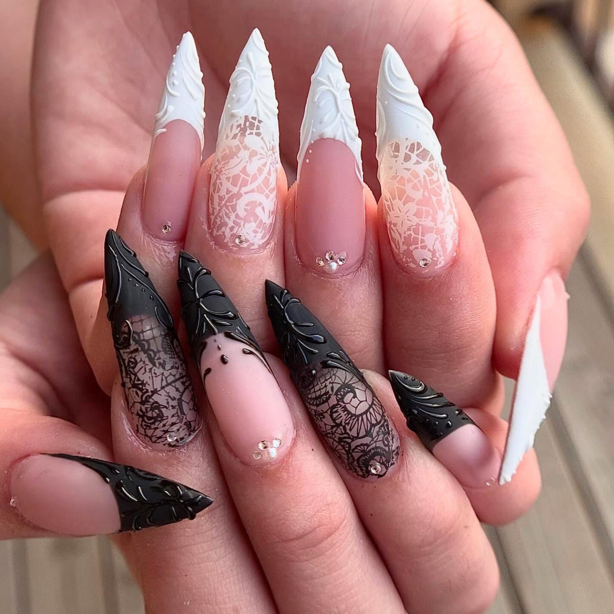 Black and White Lace Gothic Halloween French Tip Nail Set With Rhinestones