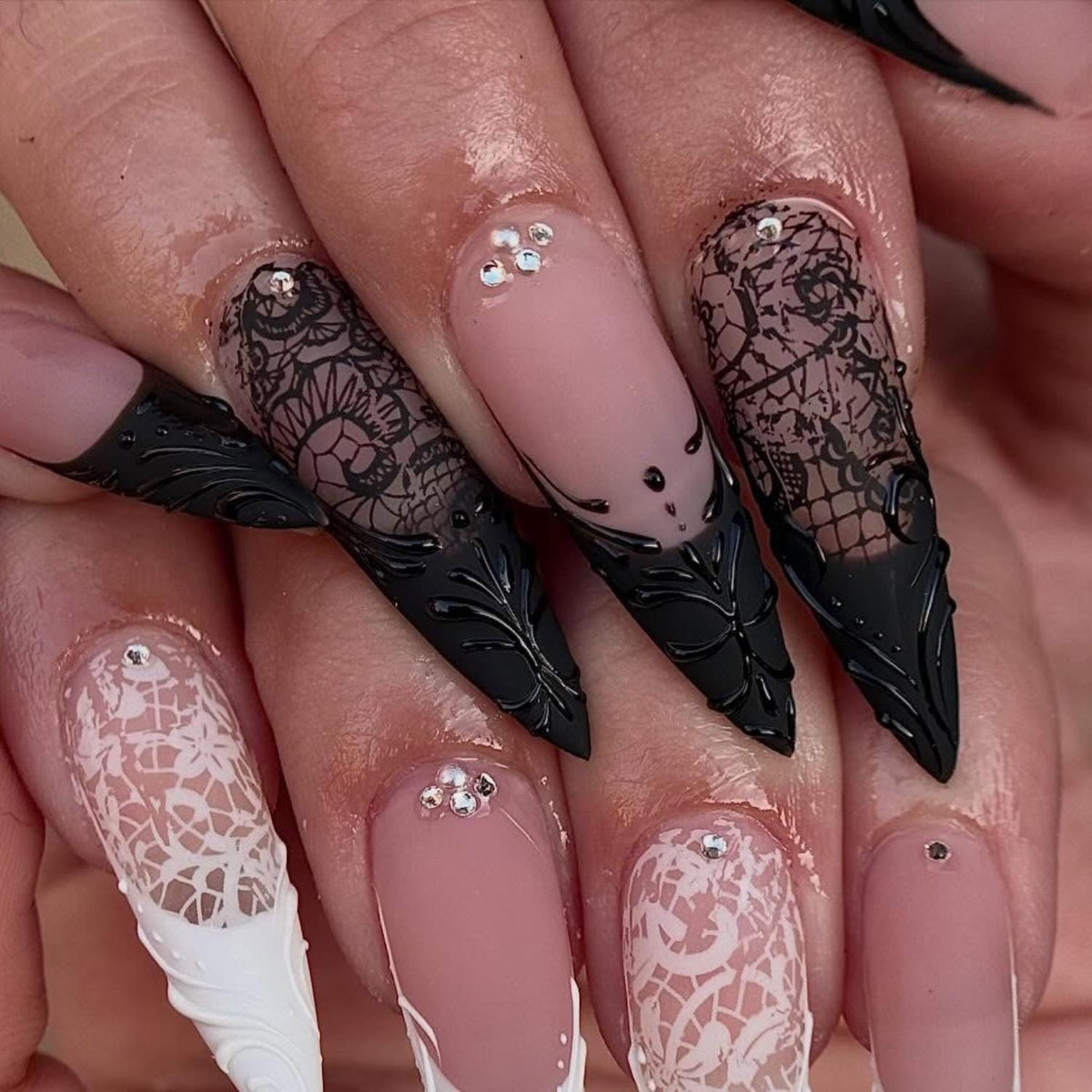 Black and White Lace Gothic Halloween French Tip Nail Set With Rhinestones