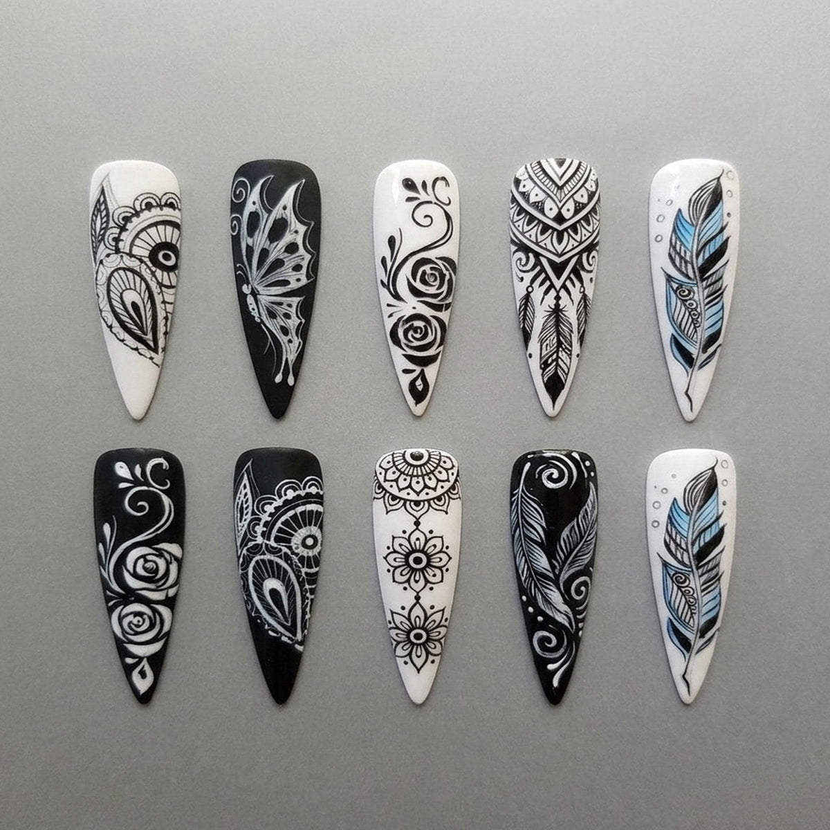 Black and White Mandala, Feather and Floral Boho Nail Set