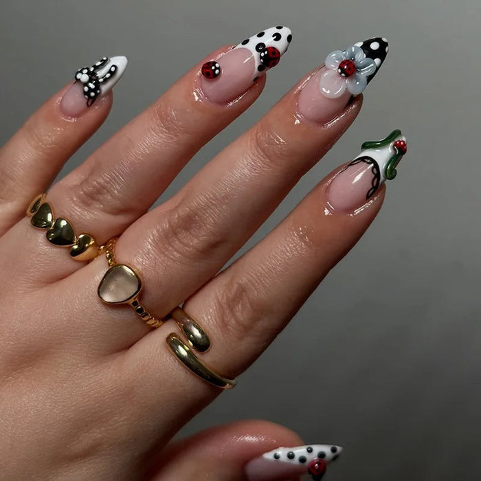 Black-and-White Polka Dot French Tip Press On Nails With 3D Flowers and Ladybugs