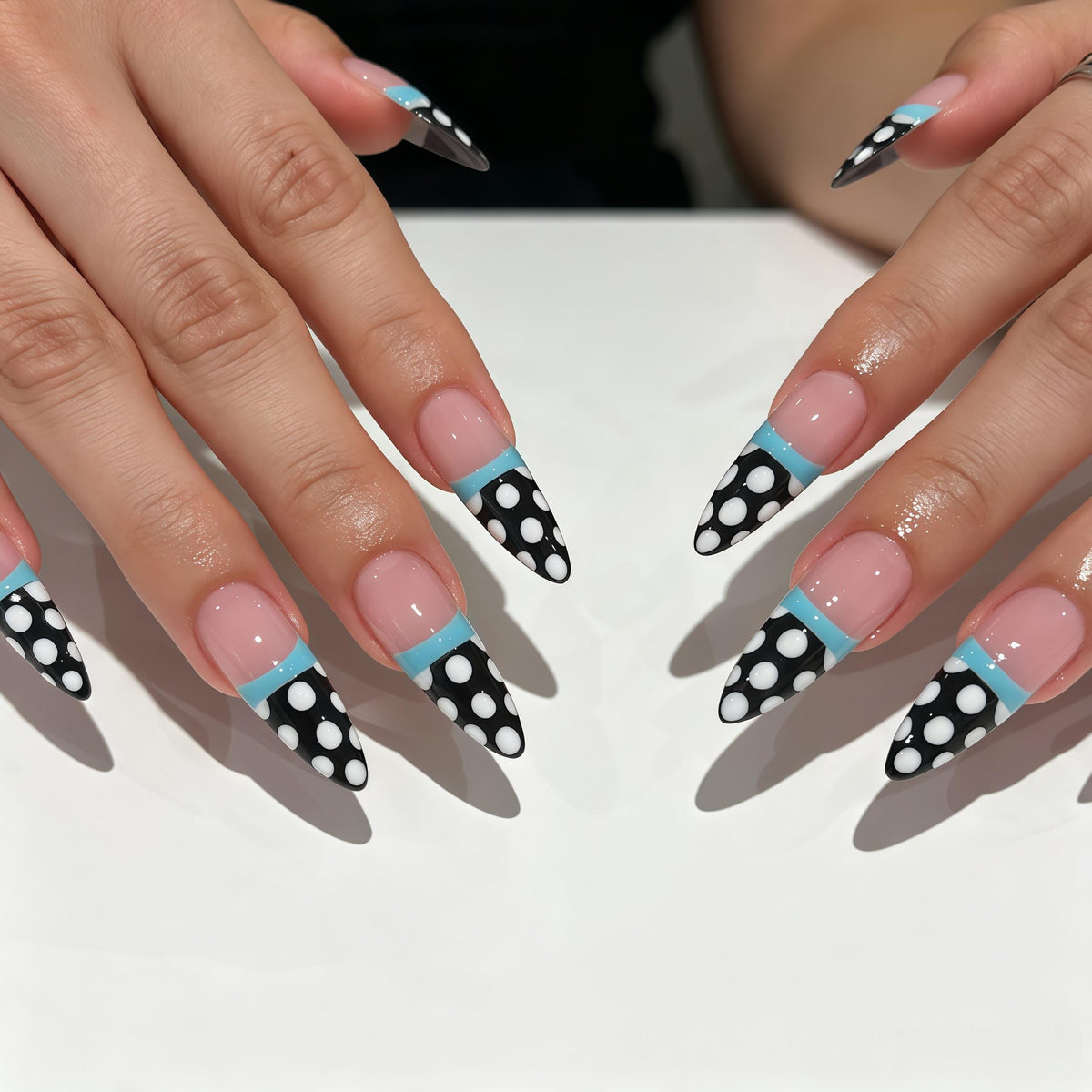 Black and White Polka Dot French Tip Nails with Turquoise Blue Borders
