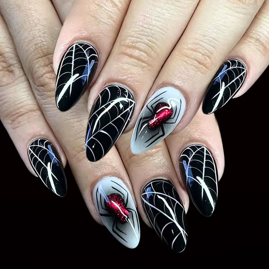 Black and White Spiderweb Halloween Press-On Nails with Red Glitter Spiders