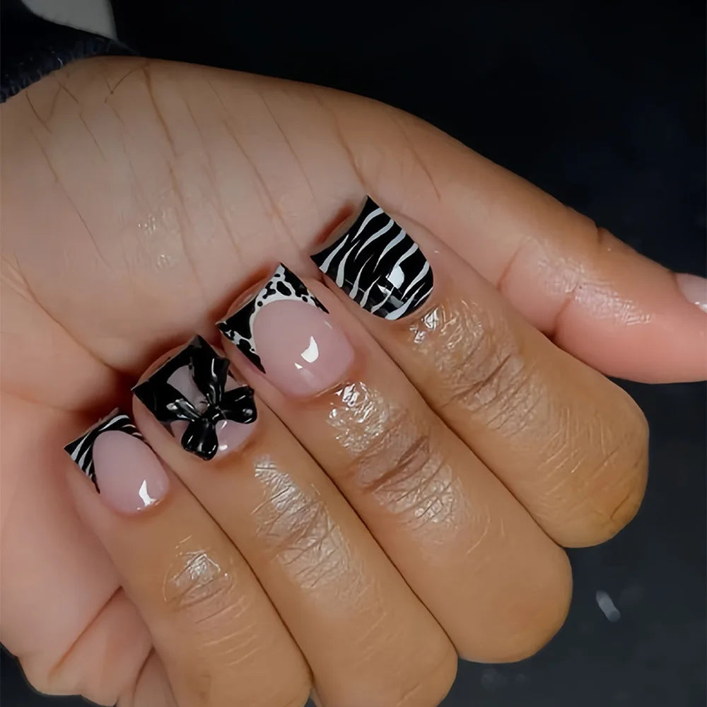 Black and White Zebra French Tip Nails with 3D Bow