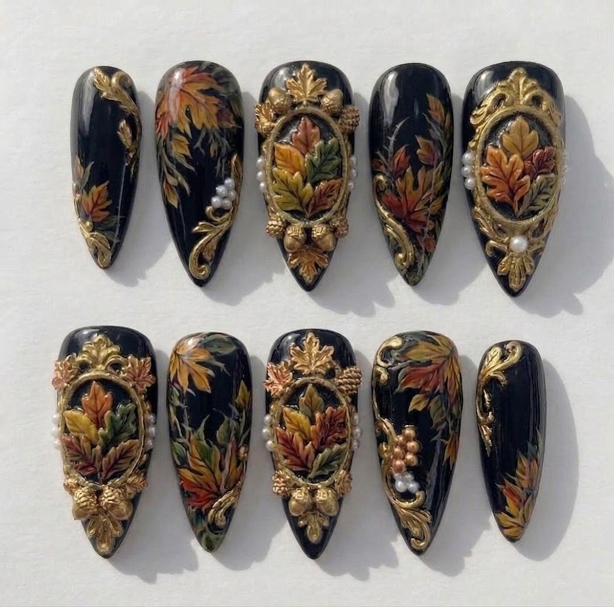 Black Autumn Leaf Press-On Nails With 3D Gold Frames and Pearl Accents