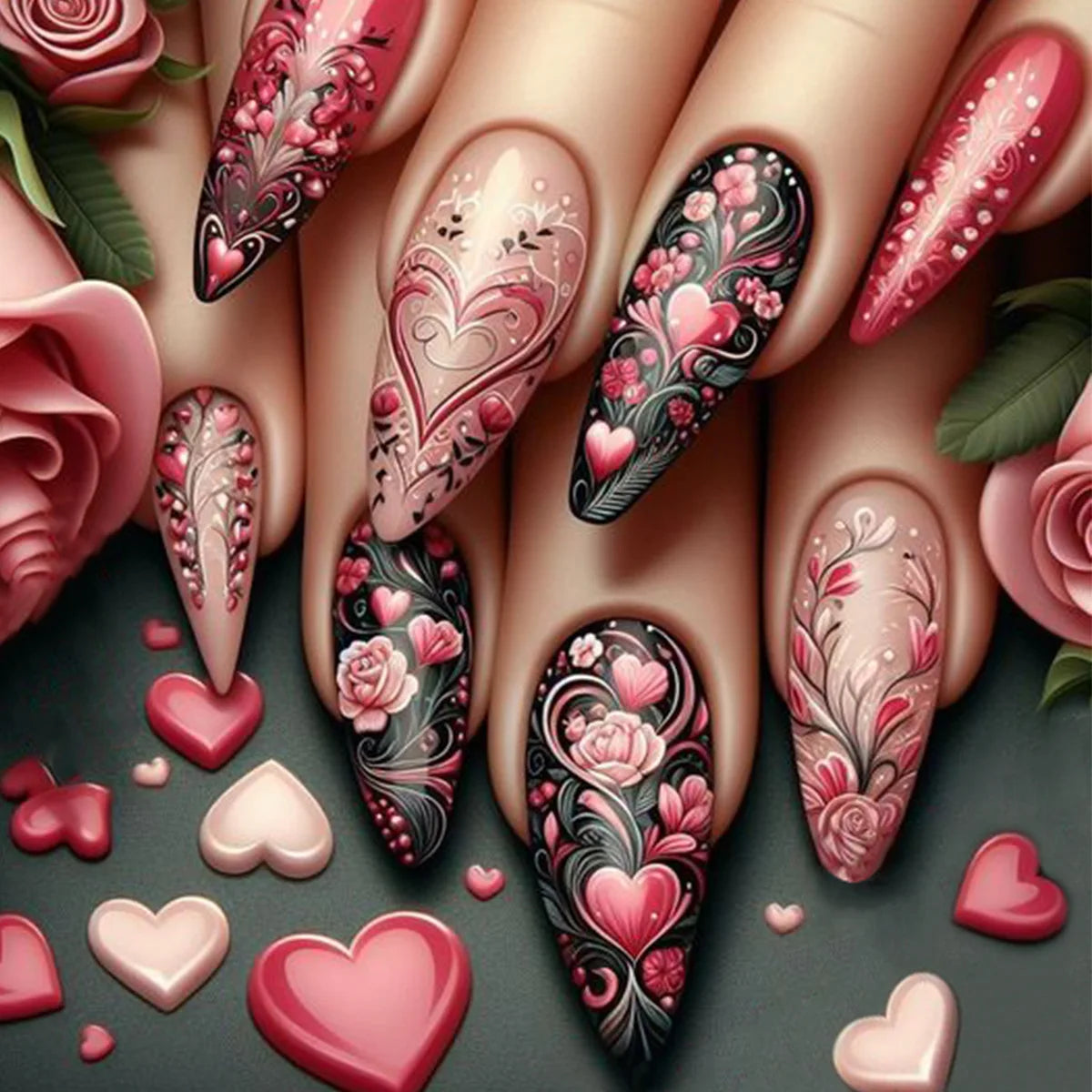 Black, Blush Pink & Nude Floral Heart Press On Nails