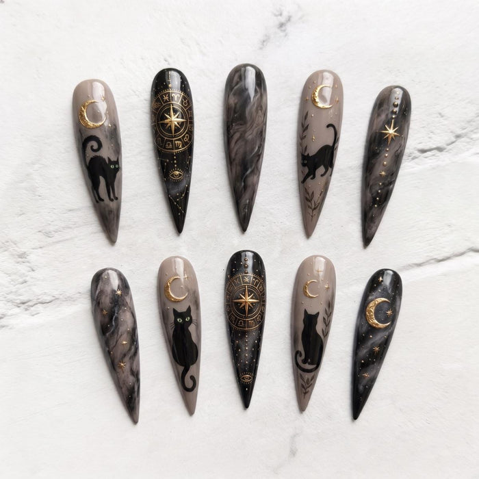 Black Cat and Crescent Moon Celestial Marble Press On Nail Set