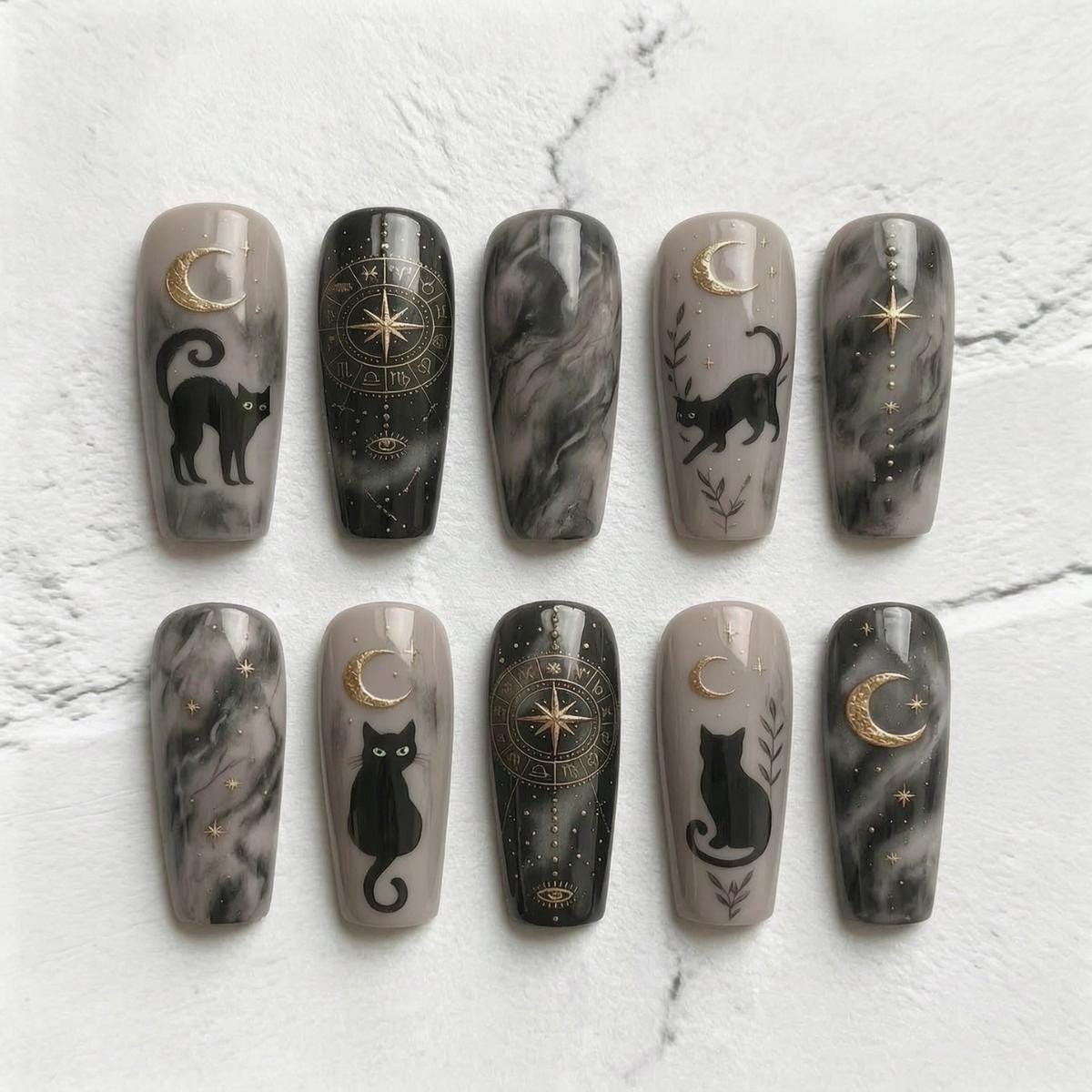 Black Cat and Crescent Moon Celestial Marble Nail Set