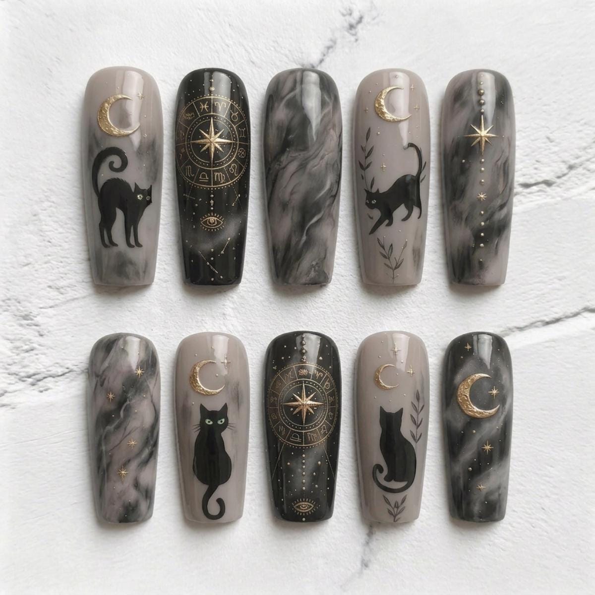 Black Cat and Crescent Moon Celestial Marble Nail Set