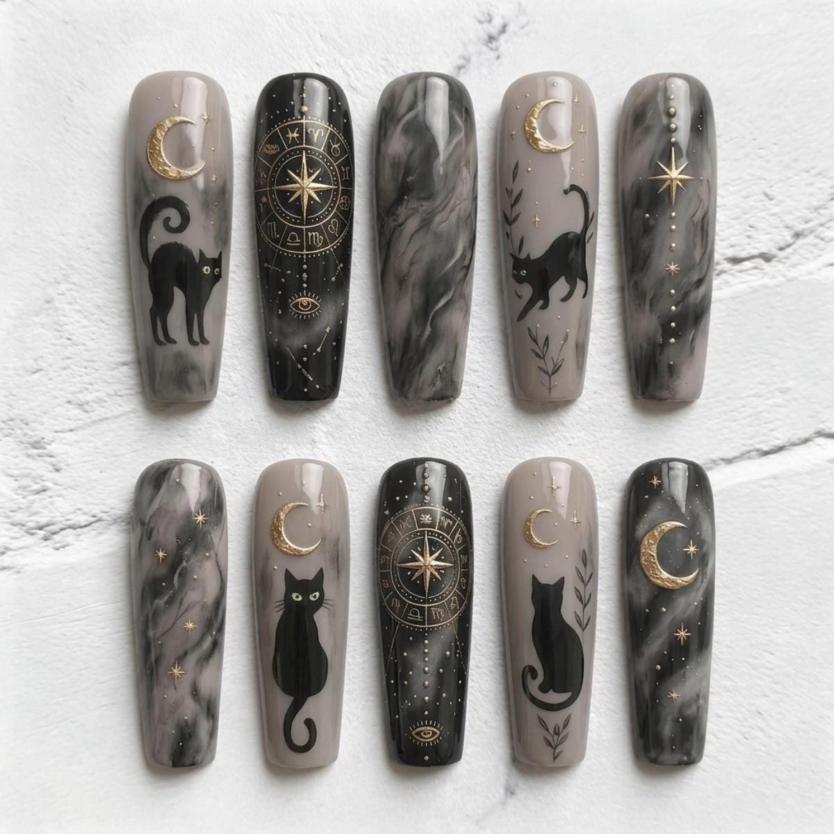 Black Cat and Crescent Moon Celestial Marble Nail Set