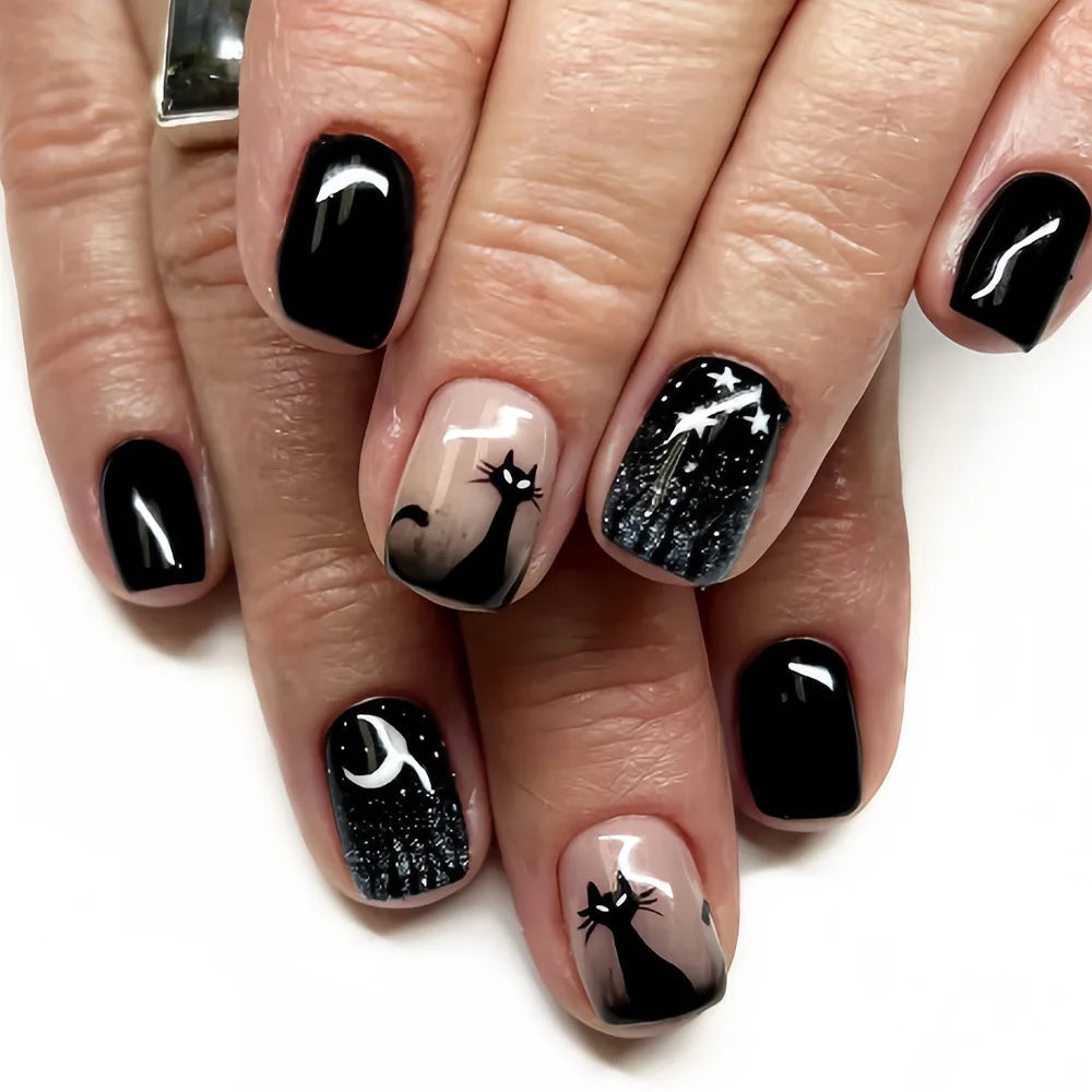 Black Cat and Crescent Moon Halloween Press-On Nail Set