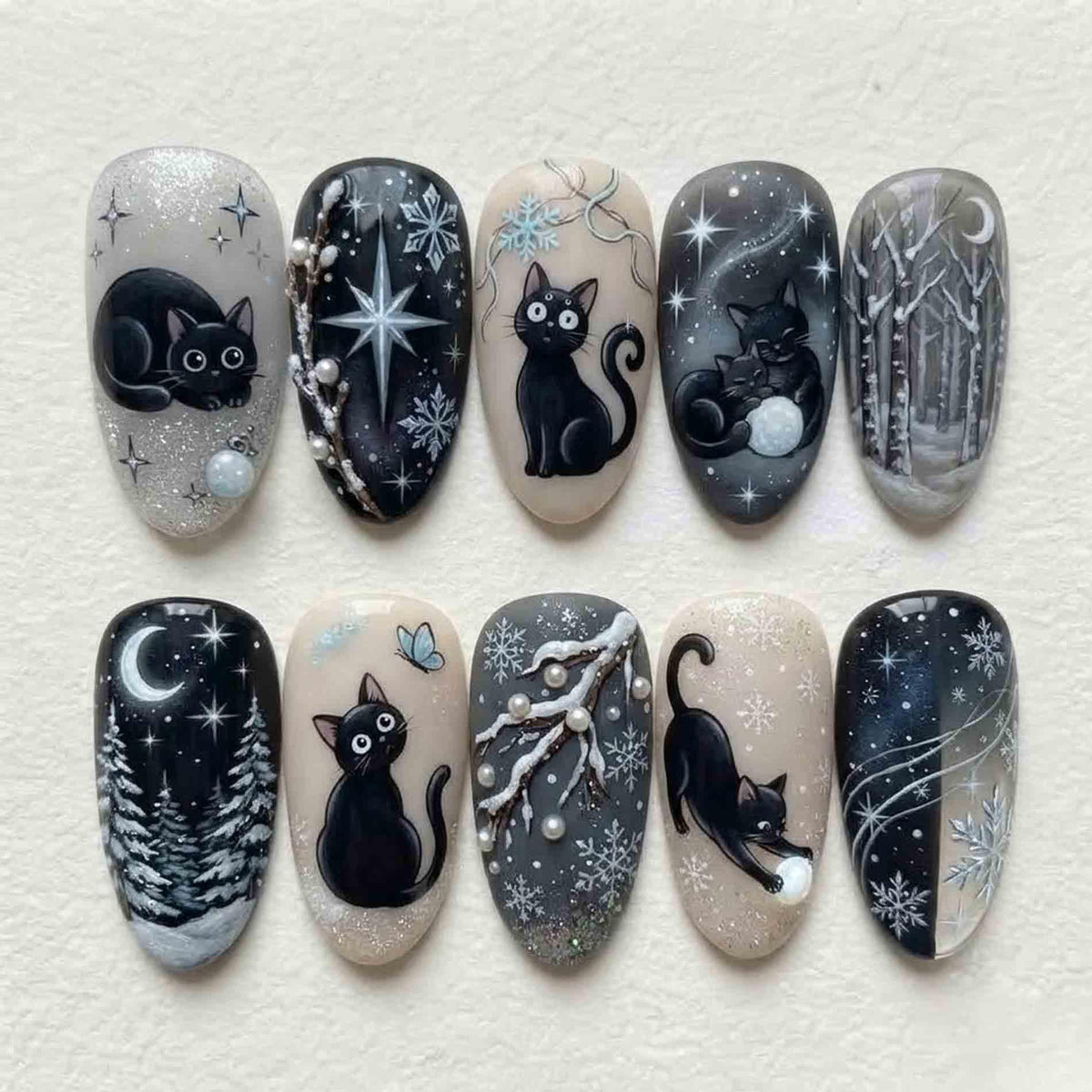 Black Cat and Snowflake Winter Nail Set with Silver Stars