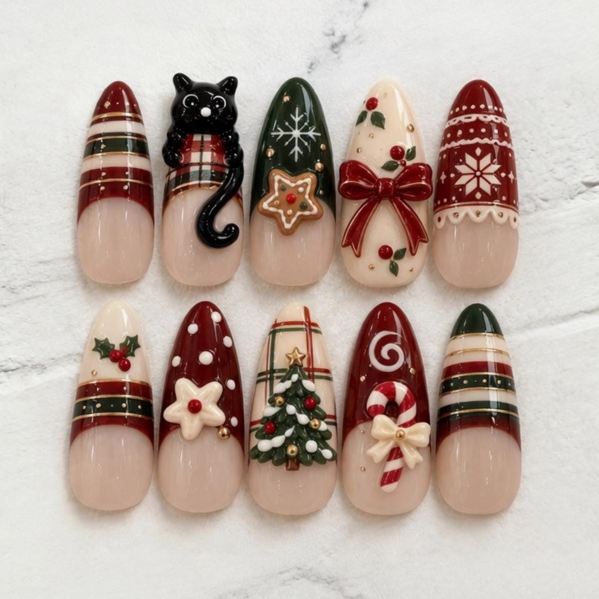 Black Cat Christmas Nails With Plaid, Bows, Snowflakes & 3D Holiday Details