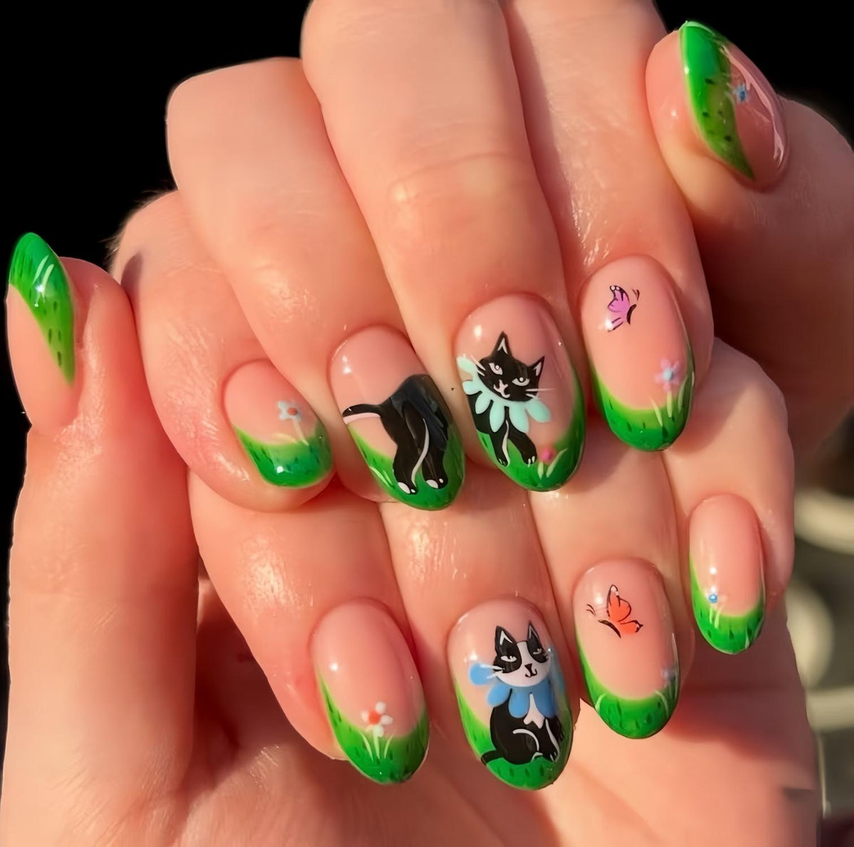 Black Cat Garden Nails with Green Floral French Tips and Butterflies