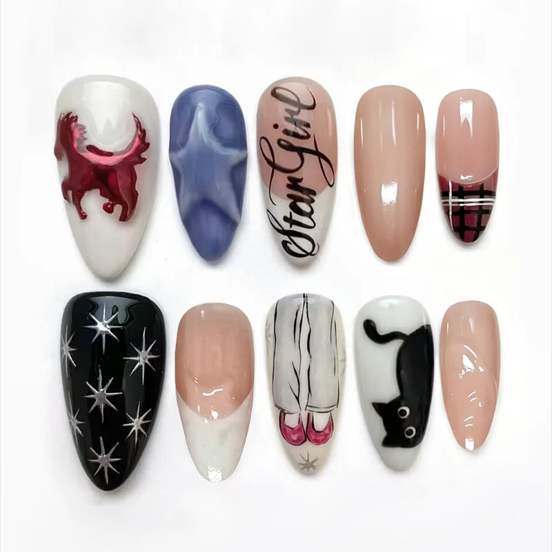 Black Cat Press On Nails with Blue Marble, Plaid and Silver Starbursts