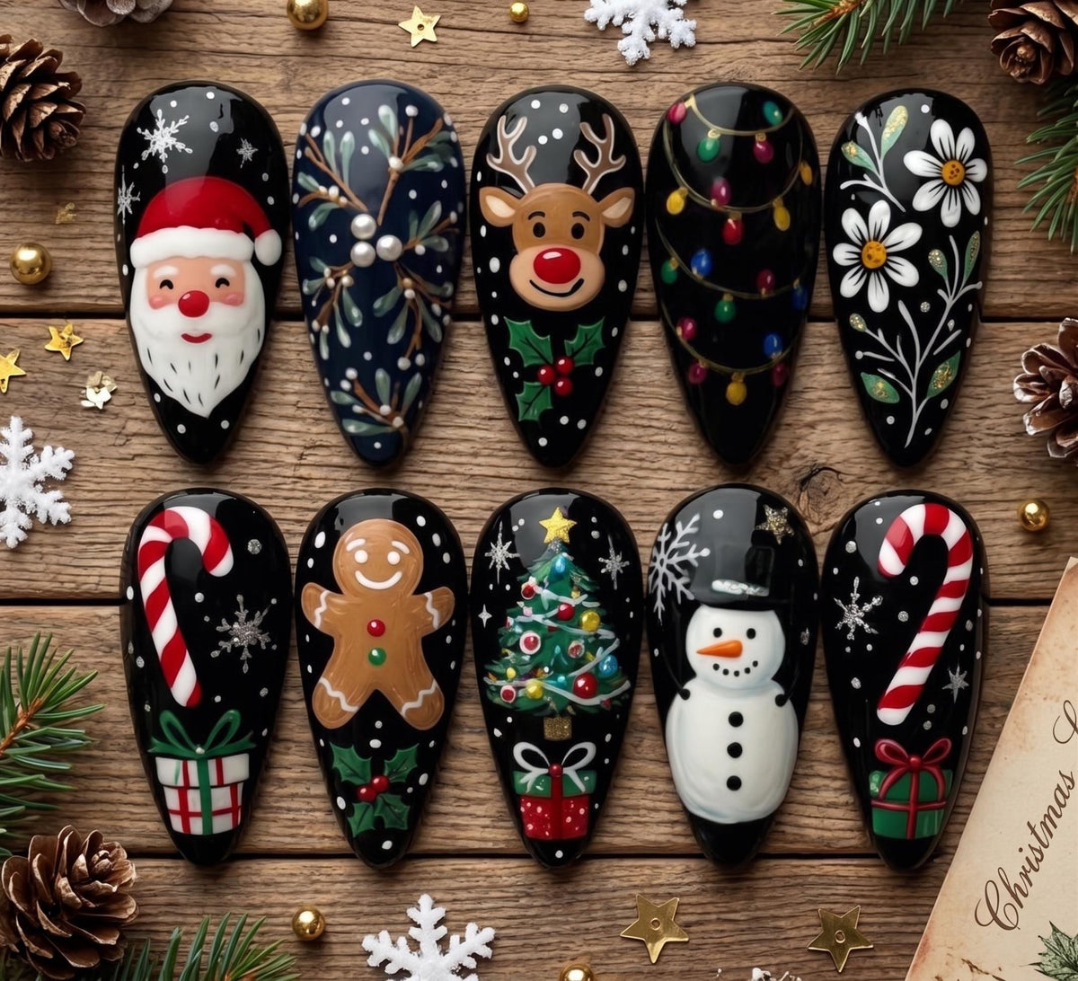 Black Christmas Nails With Santa, Reindeer, Snowman, Candy Canes and Trees