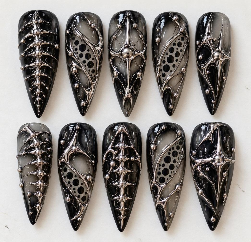 Black Chrome Gothic Nails With Raised Silver Scrollwork