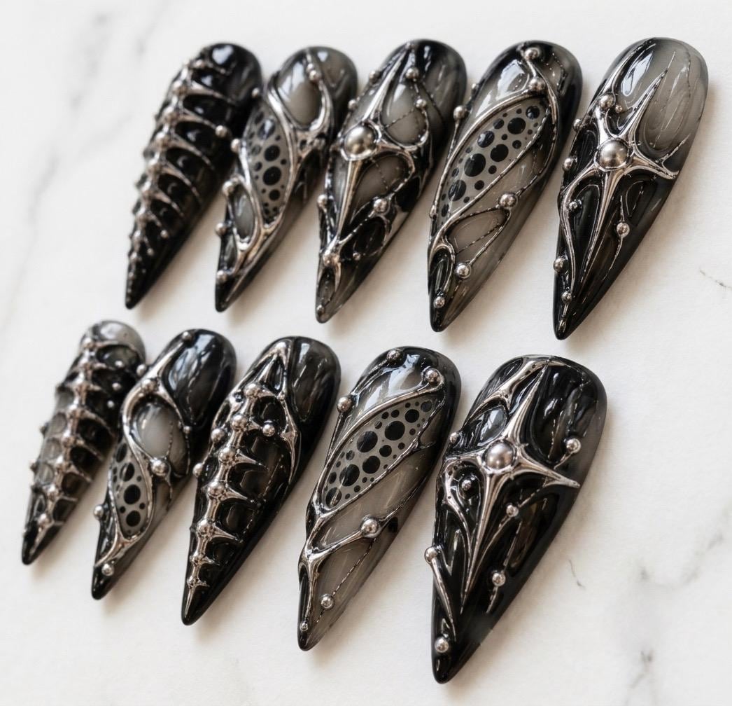 Black Chrome Gothic Nails With Raised Silver Scrollwork