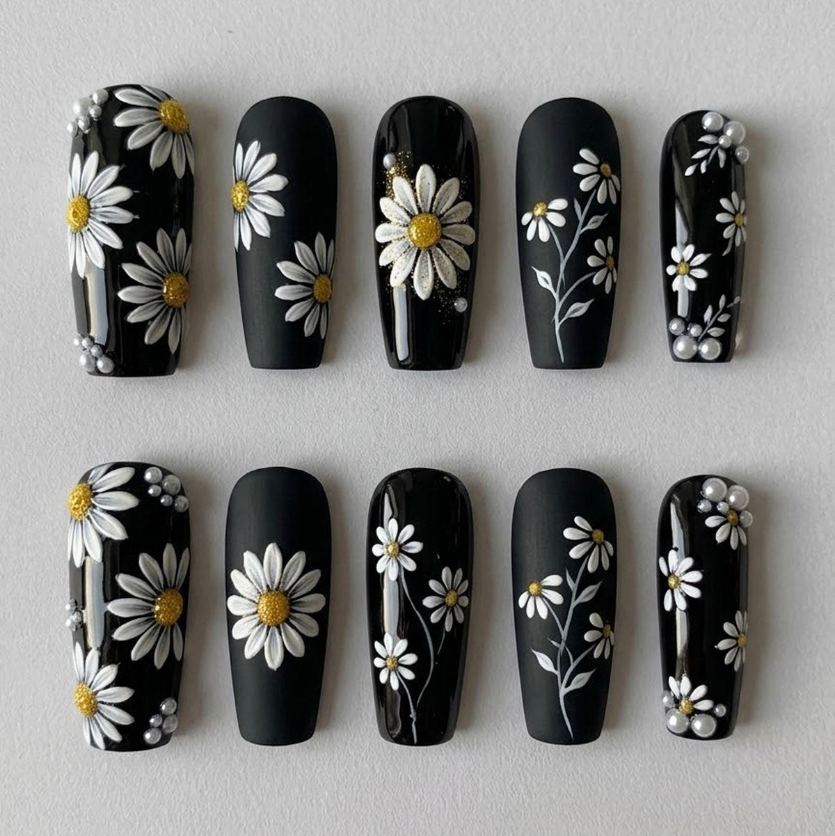 Black Daisy Press On Nails with Gold Centers and Pearl Accents