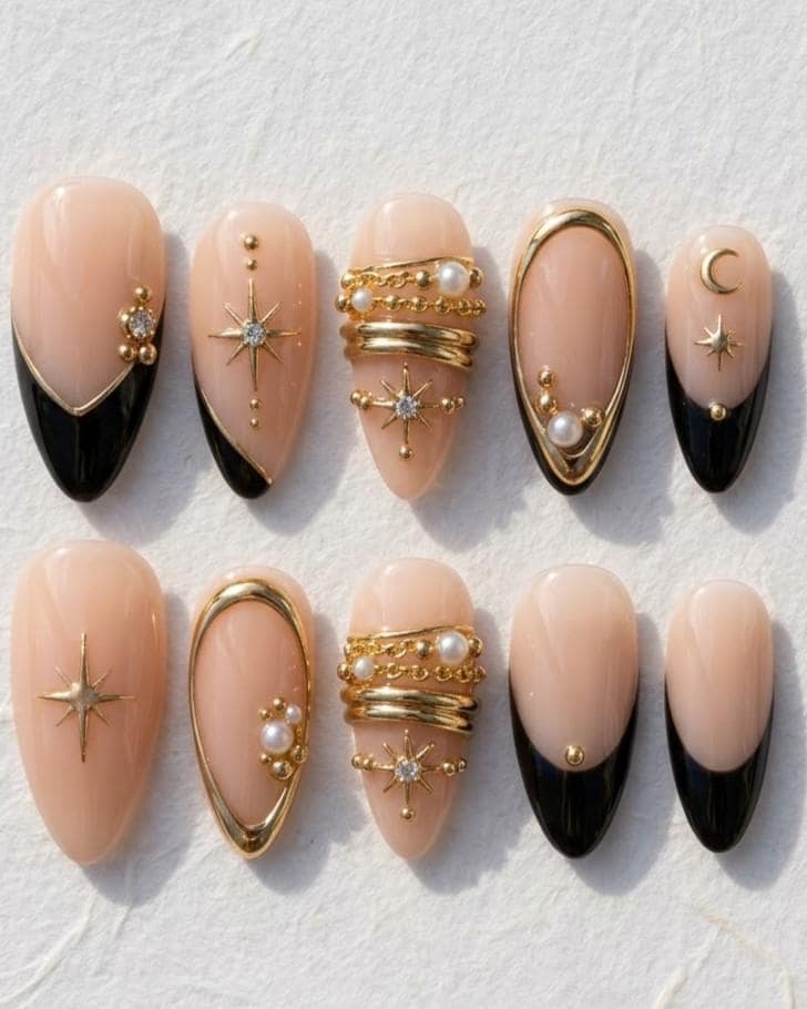 Black French Tip Press-On Nails with Gold Celestial and Pearl Details