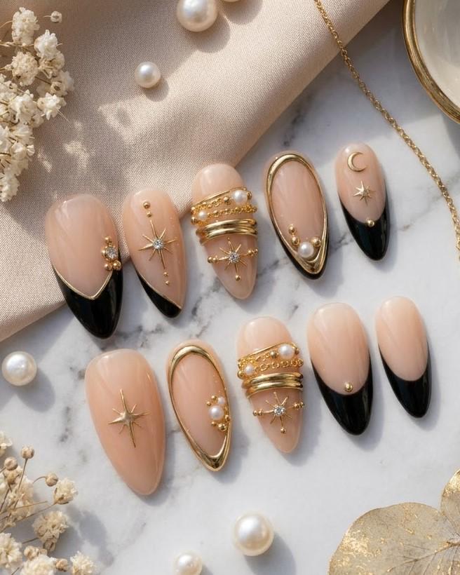 Black French Tip Press-On Nails with Gold Celestial and Pearl Details
