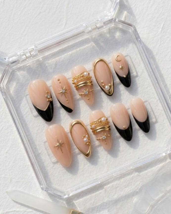 Black French Tip Press-On Nails with Gold Celestial and Pearl Details