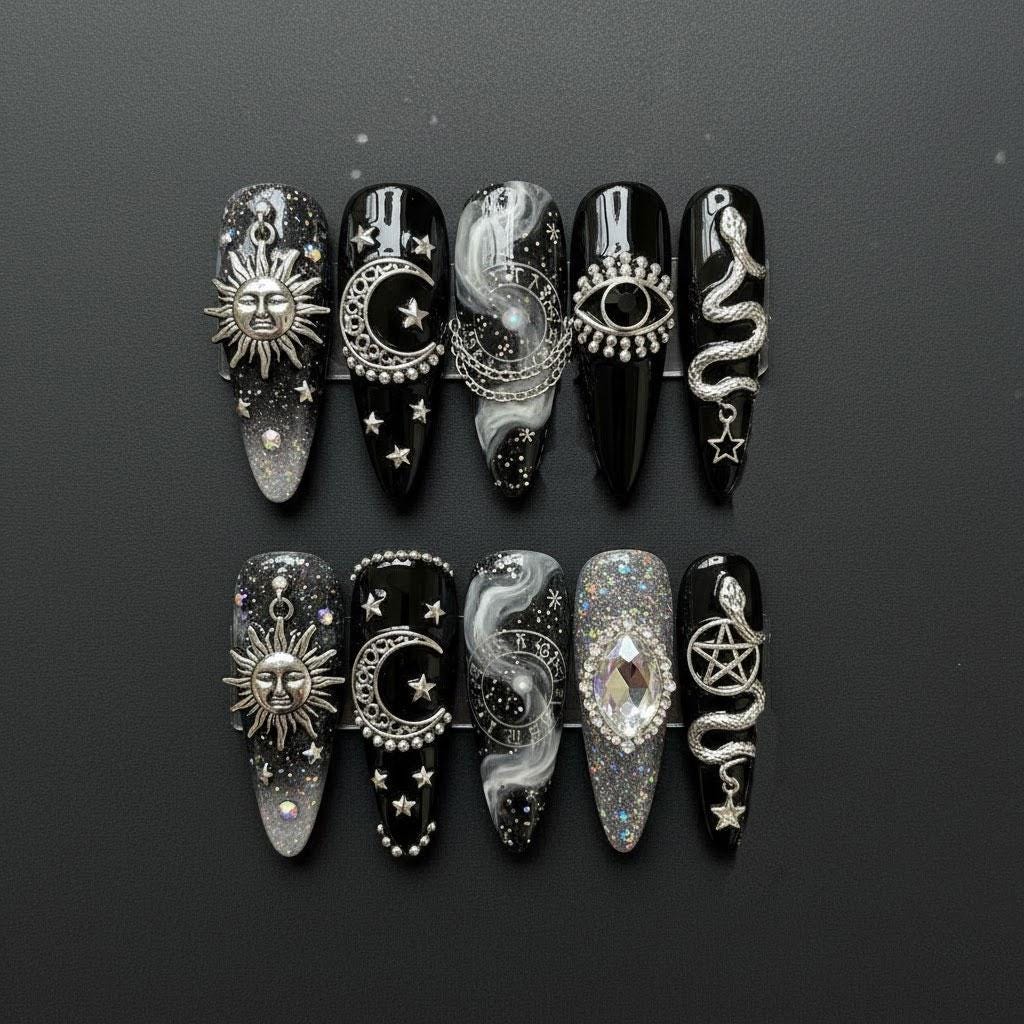 Black Gothic Celestial Nails with Silver Suns, Moons, Snakes and a Faceted Gem