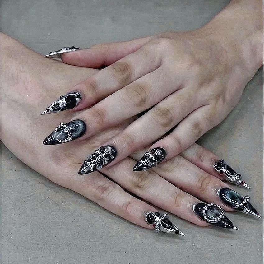 Black Gothic Cross Press On Nails With Silver Chrome Details