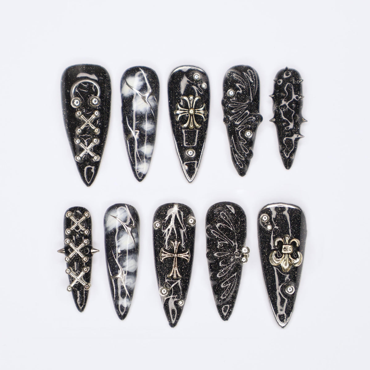 Black Gothic Halloween Marble Press On Nail Set With Silver Crosses and Wing Motifs