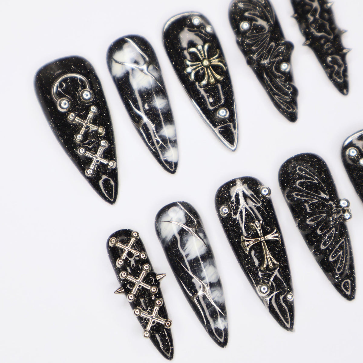 Black Gothic Halloween Marble Press On Nail Set With Silver Crosses and Wing Motifs