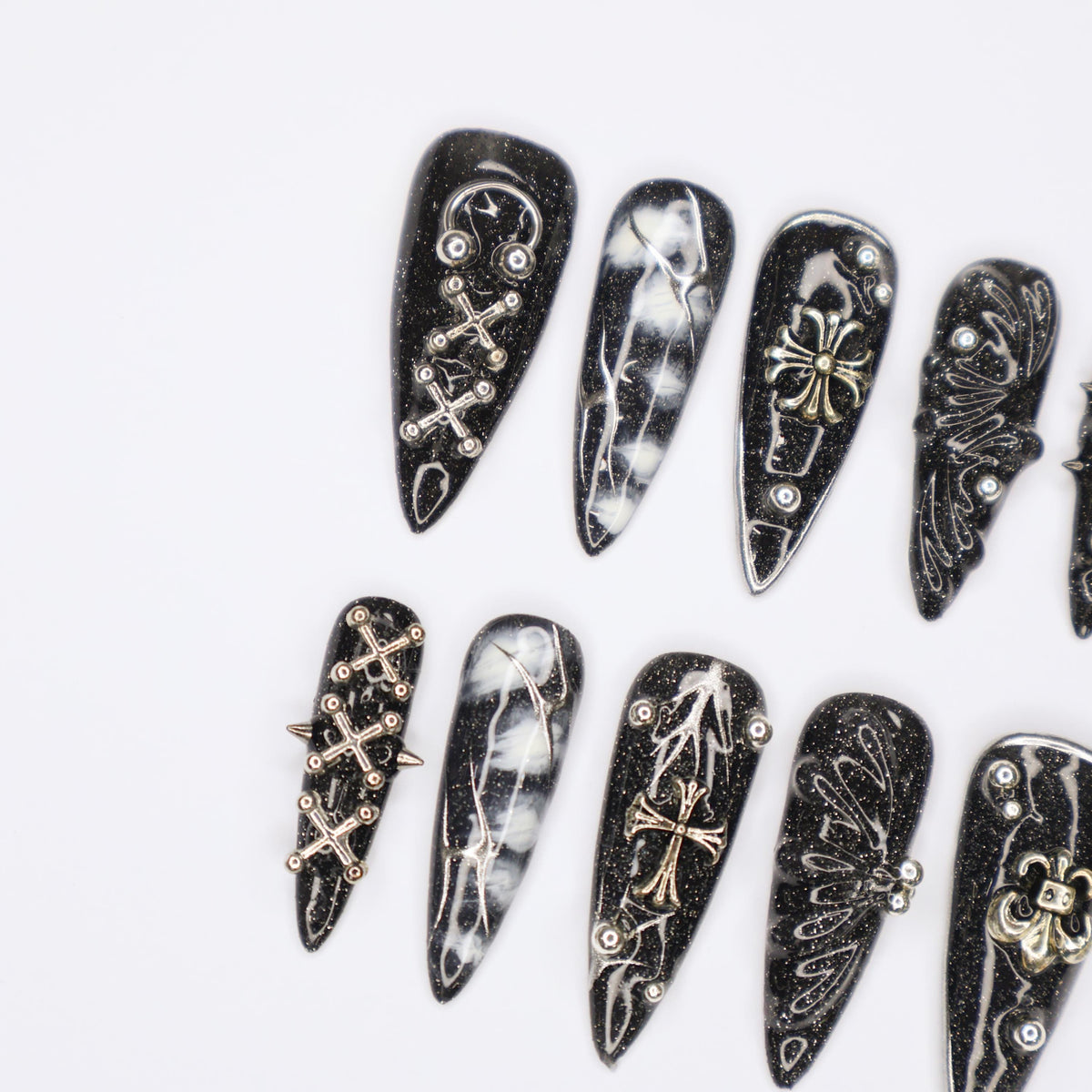 Black Gothic Halloween Marble Press On Nail Set With Silver Crosses and Wing Motifs