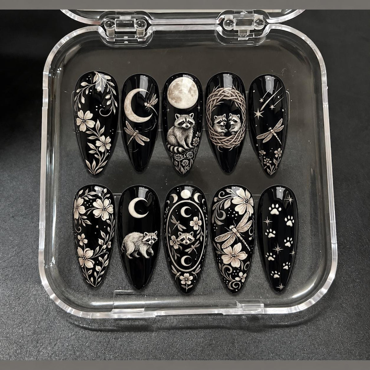 Black Gothic Raccoon and Celestial Floral Nail Set